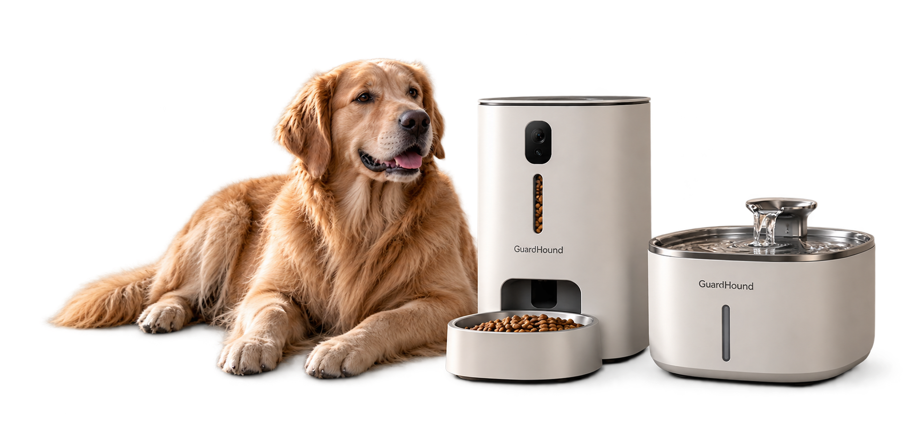 GuardHound Smart-Futterautomat, Trinkbrunnen und Golden Retriever