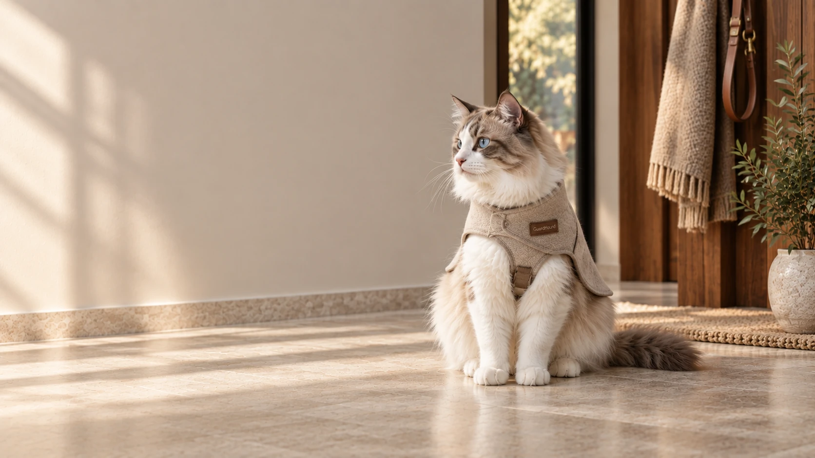 Garderobe im Minimal-Luxus-Flur: Die Katze sitzt aufrecht in einem passenden, weichen haferfarbenen Mantel