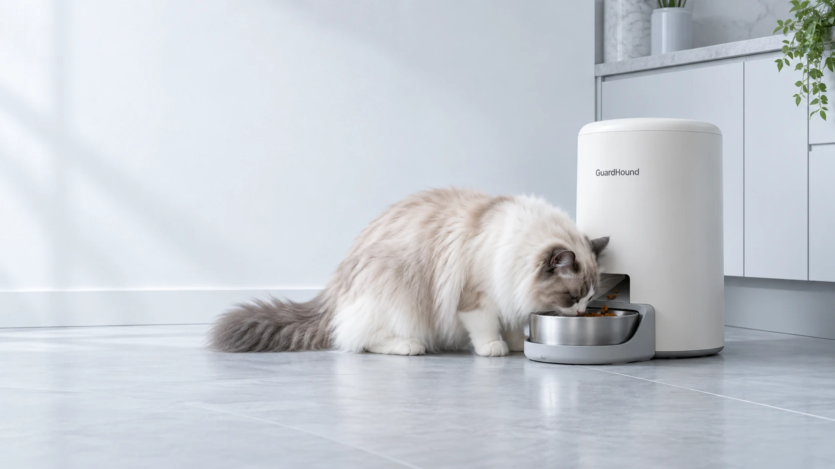 In einer kühl-weißen Küchenecke gibt der Futterautomat pünktlich Futter, die Katze frisst ruhig — ein Moment am Tag