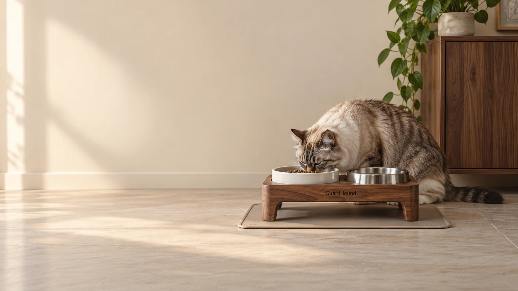 Ecke einer Küche im Morgenlicht: Keramiknäpfe auf einem Massivholz-Doppelnapfständer, die Katze sitzt ruhig daneben