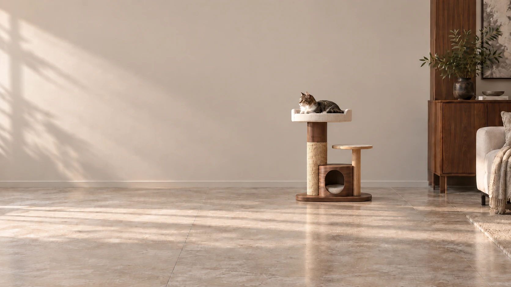 Modernes Minimal-Luxus-Wohnzimmer am Nachmittag: Die Katze ruht auf der oberen Plattform des Nussbaum-Katzenturms — auf ihrer eigenen Höhe