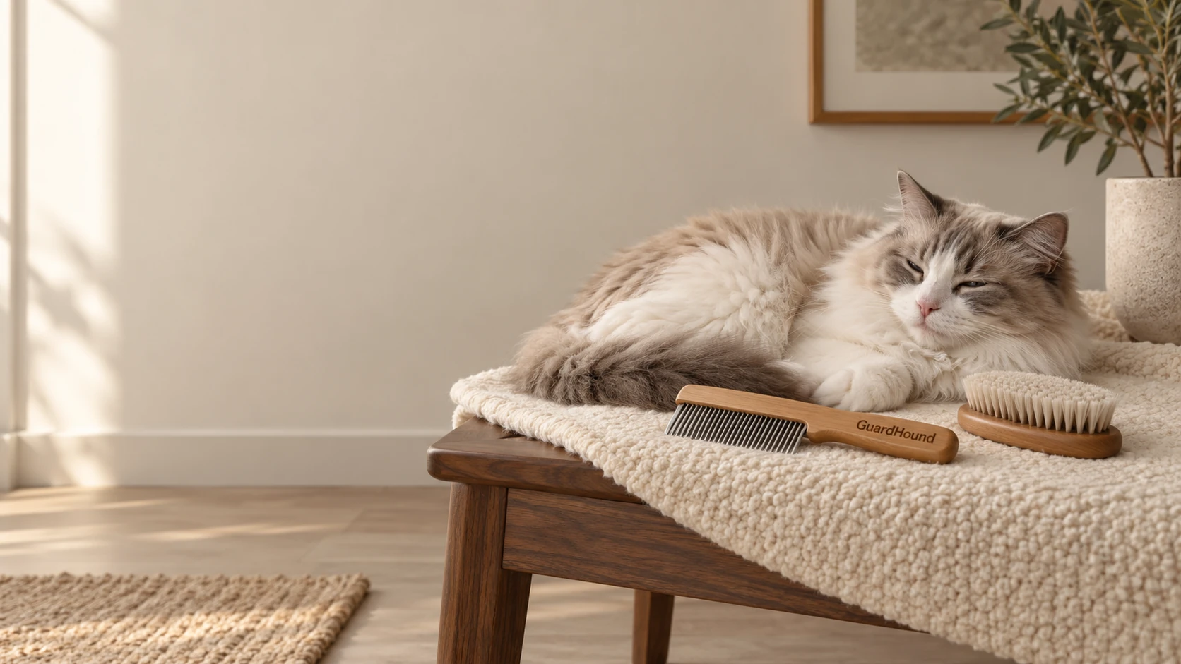Im weichen Fensterlicht liegt die Katze entspannt auf der Webmatte, die Holzbürste ruht daneben