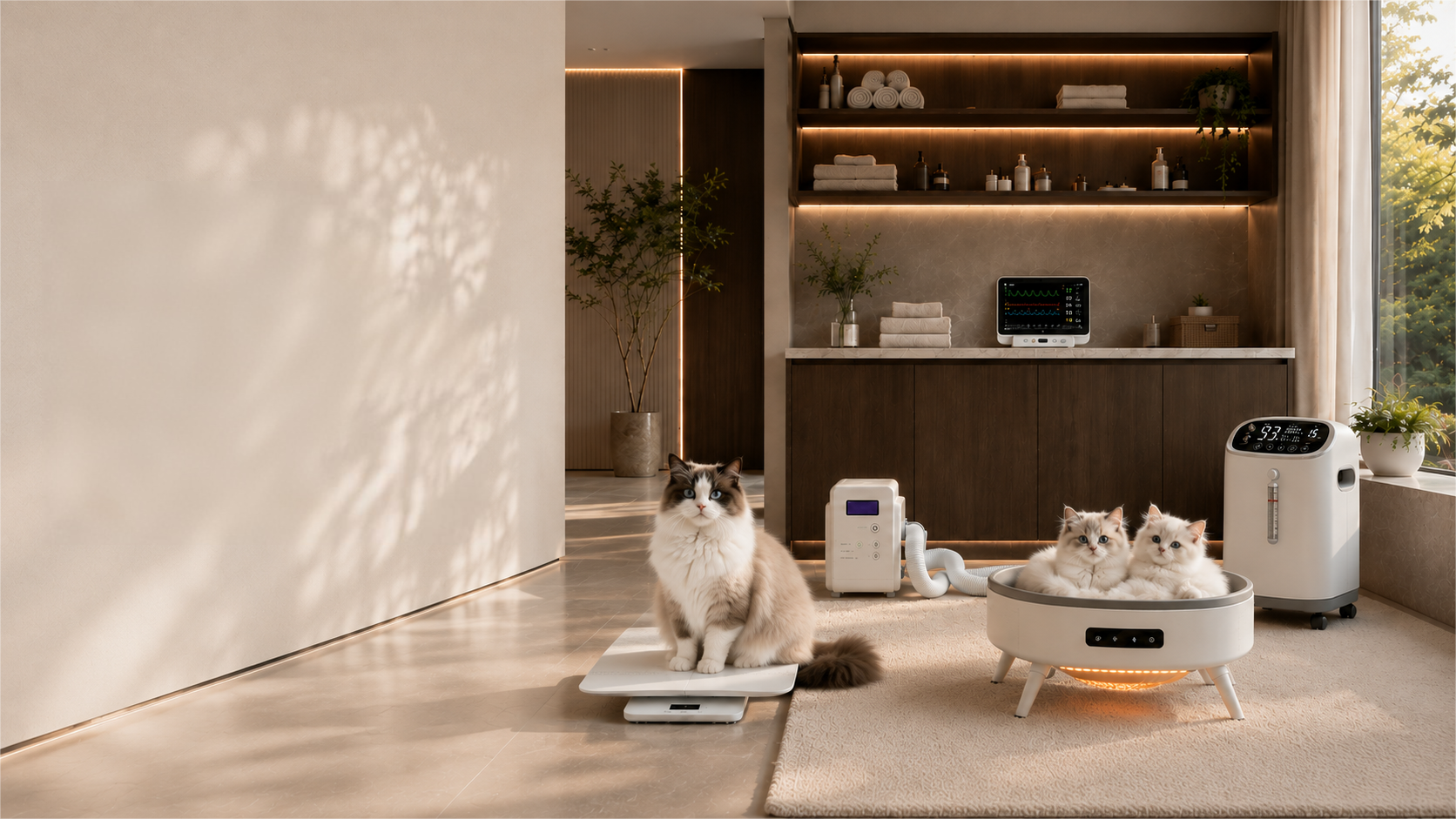 Gesundheitspflegebereich einer modernen Wohnung · Ragdoll mit EKG-Monitor für Tiere, 5L-Sauerstoffkonzentrator für Haustiere, intelligentem Zeckenschutz, professioneller Haustierwaage mit Skala und intelligenter Thermostat-Heizung für Haustiere