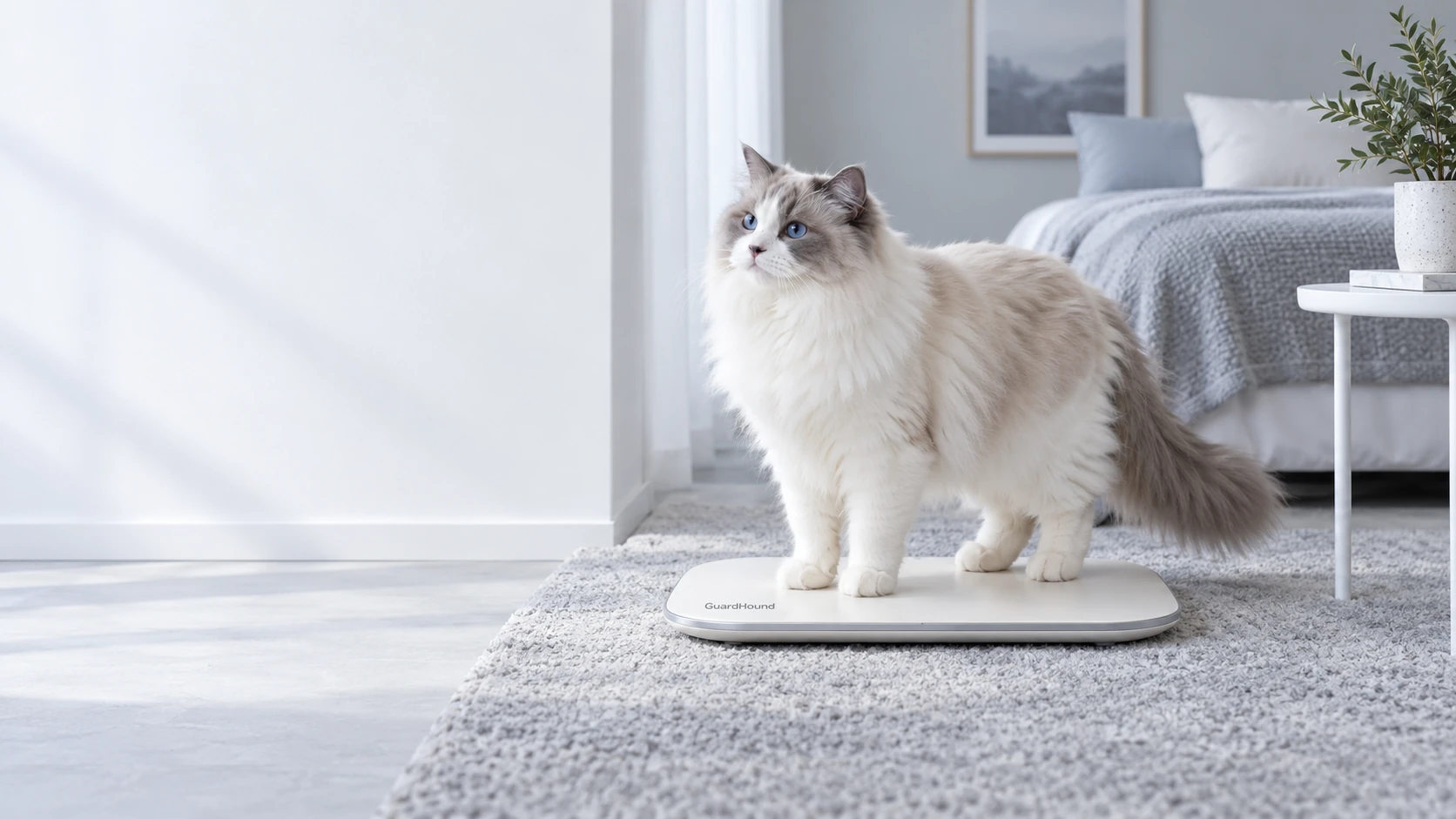Stille Ecke im Morgenlicht: Die Katze steigt selbstverständlich auf die cremeweiße Gesundheitswaage — der Alltag wird sacht festgehalten
