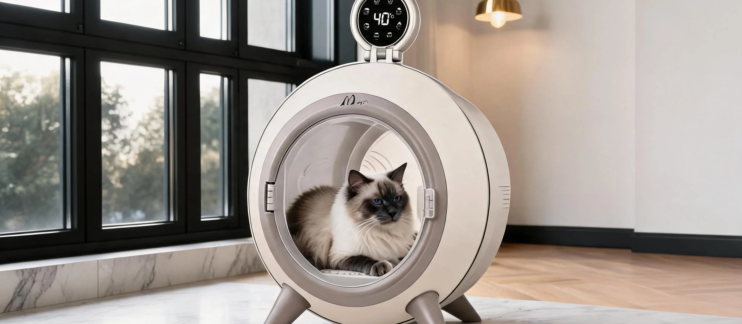 Im Wohnzimmer einer modernen Minimal-Luxus-Wohnung ruht eine Ragdoll-Katze in einer intelligenten temperierten Wohnkapsel