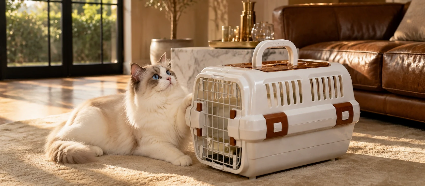Im warmen Wohnzimmer leben Katze und hochwertige Flugbox ruhig nebeneinander · ein gelassener Moment vor dem Aufbruch