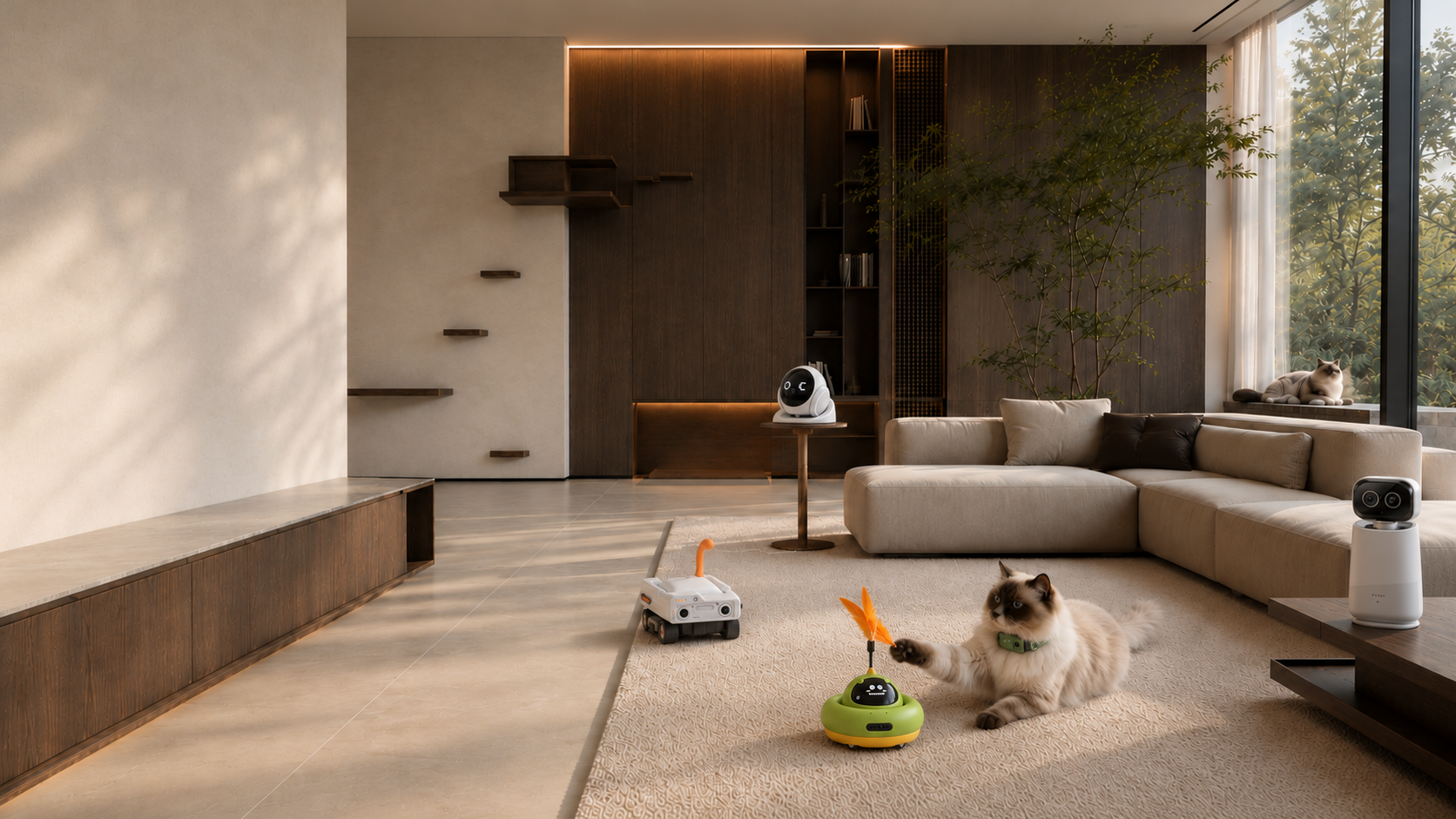 Wohnzimmer einer hochwertigen modernen Wohnung · Ragdoll mit 360° AI-Haustierkamera, Tisch-Interaktionskamera, mobilem Begleitroboter, intelligentem Katzenspielzeug und intelligentem Halsband
