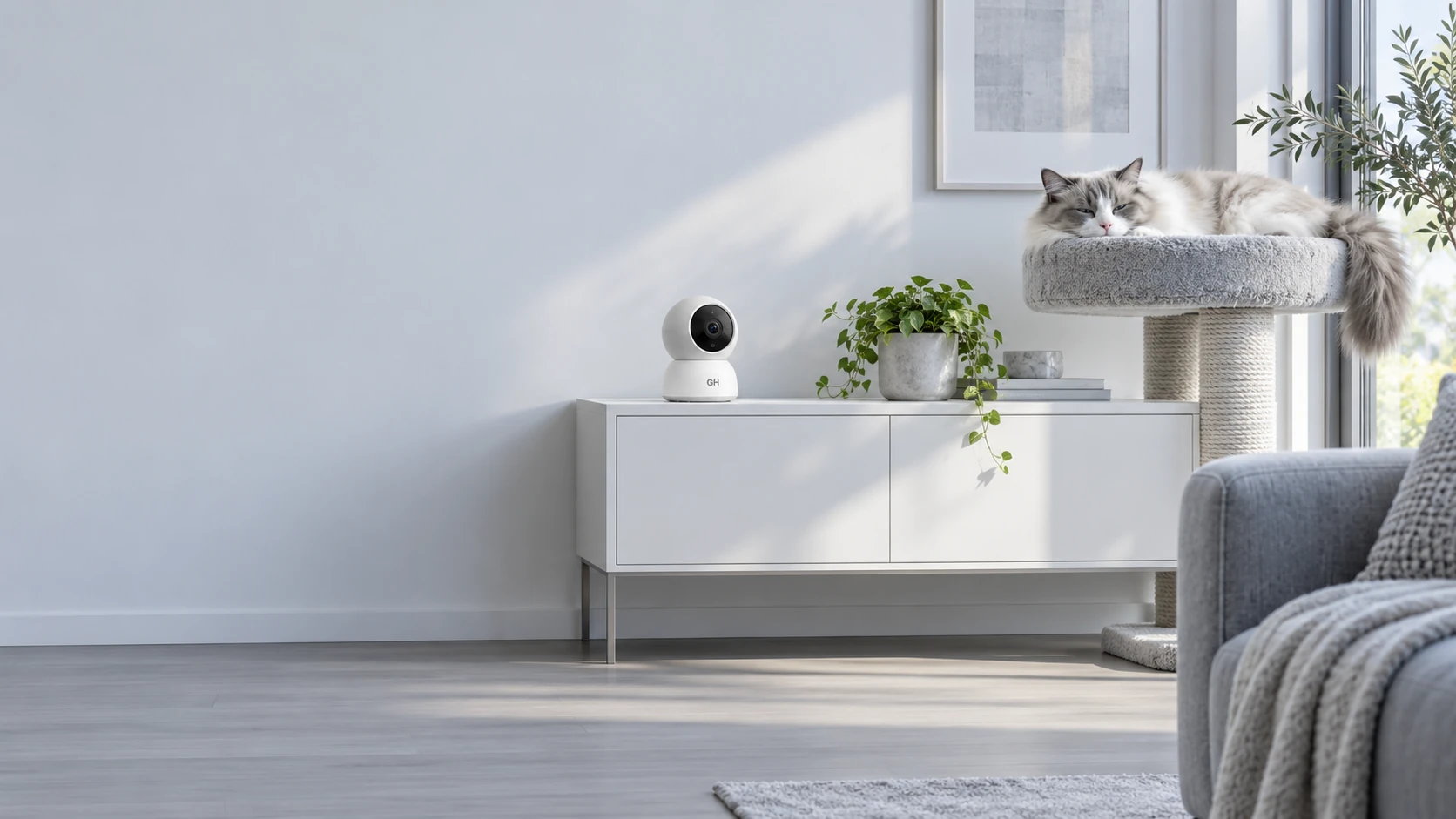 Wohnzimmer am Nachmittag: Die Katze schläft hoch im Kratzbaum, in der Ferne wacht still eine runde Kamera