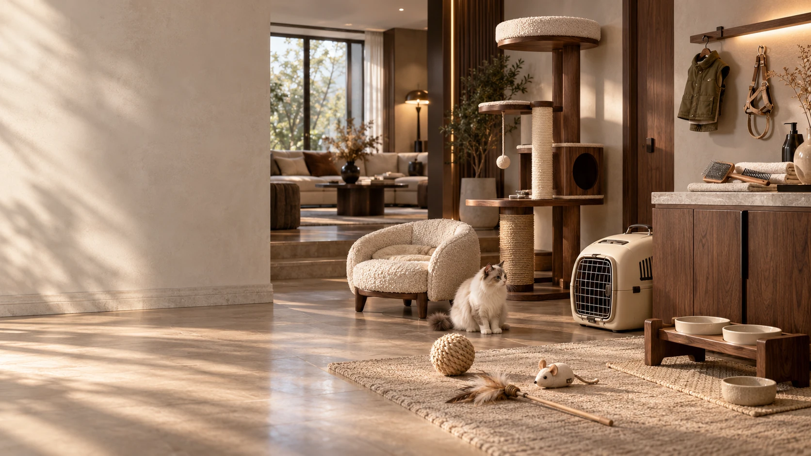 In einer modernen, dezent luxuriösen Wohnung verteilen sich die sieben PET ESSENTIALS-Produktfamilien natürlich: Stoff-Katzenhöhle, Nussbaum-Katzenmöbel, Hartschalen-Flugbox, natürliches Spielzeug, Pflegebürsten, Keramiknäpfe auf Holzständer sowie Haustier-Mantel mit Geschirr