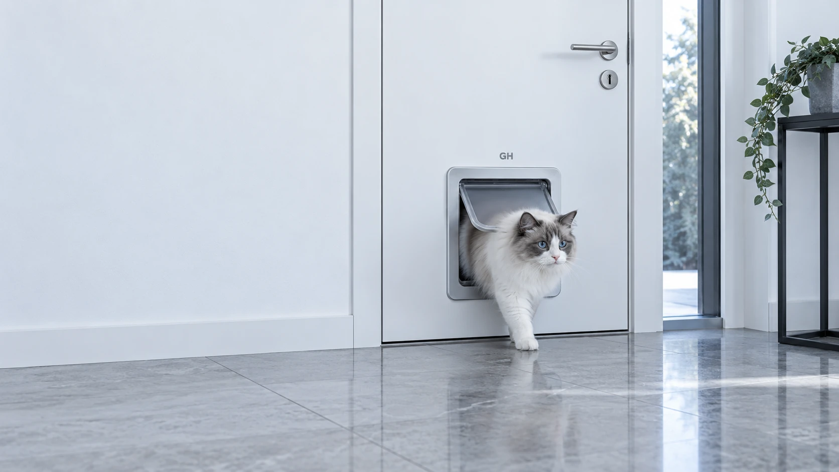 Kühler Eingangsflur, die Katze geht selbstverständlich durch die in die Wand eingelassene Haustiertür