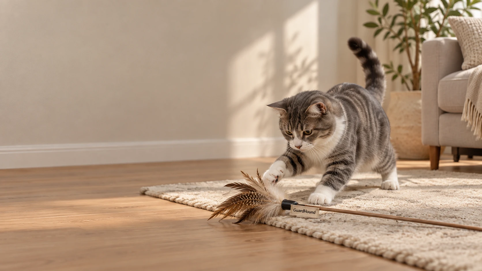 Wohnzimmer am Nachmittag: Die Katze springt nach einer Federangel — ein fröhlicher Spielmoment