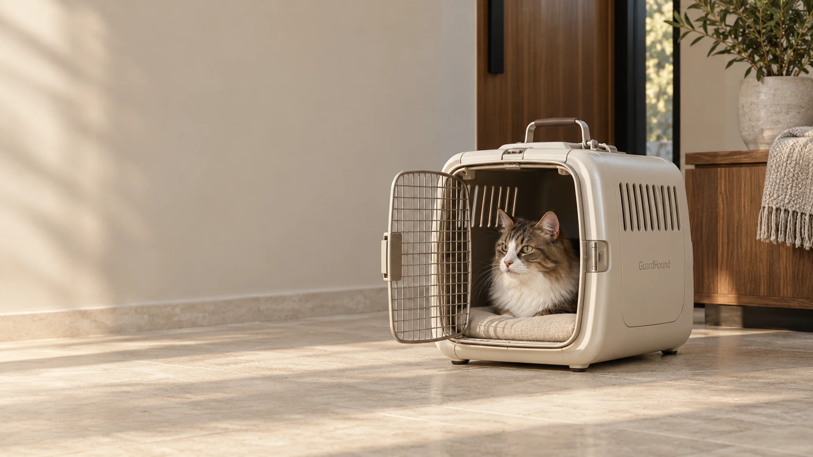 Flur am Nachmittag: Die Katze liegt ruhig in der milchweißen Hartschalen-Flugbox — ein stabiler Moment vor dem Aufbruch