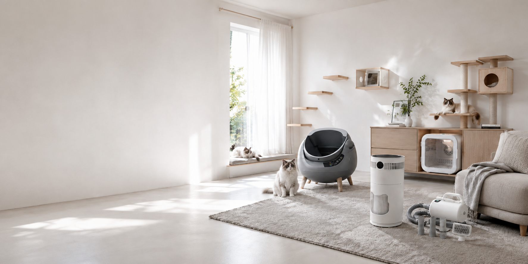 Helles, kühlweißes modernes Wohnzimmer · graues intelligentes Katzenklo · Gerät zur Geruchskontrolle und Luftreinigung · Fellreinigungsgeräte und Trocknungspflegebox im Korpus