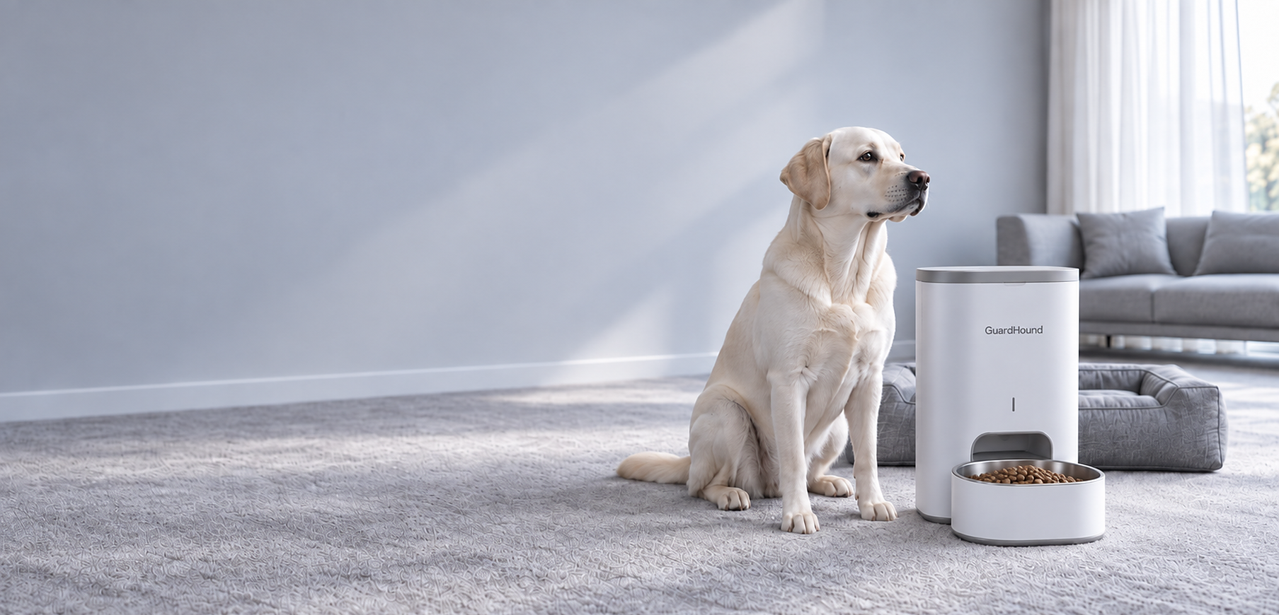 Smarte und alltägliche Hundeprodukte in einer modernen Wohnumgebung mit einem ruhigen Hund