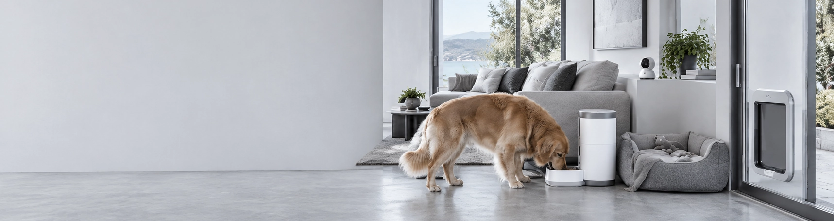 Im Wohnzimmer eines modernen Hauses frisst ein Golden Retriever an einem smarten Futterautomaten; daneben ein Hundebett, eine smarte Kamera und eine Haustierklappe in der Glastür