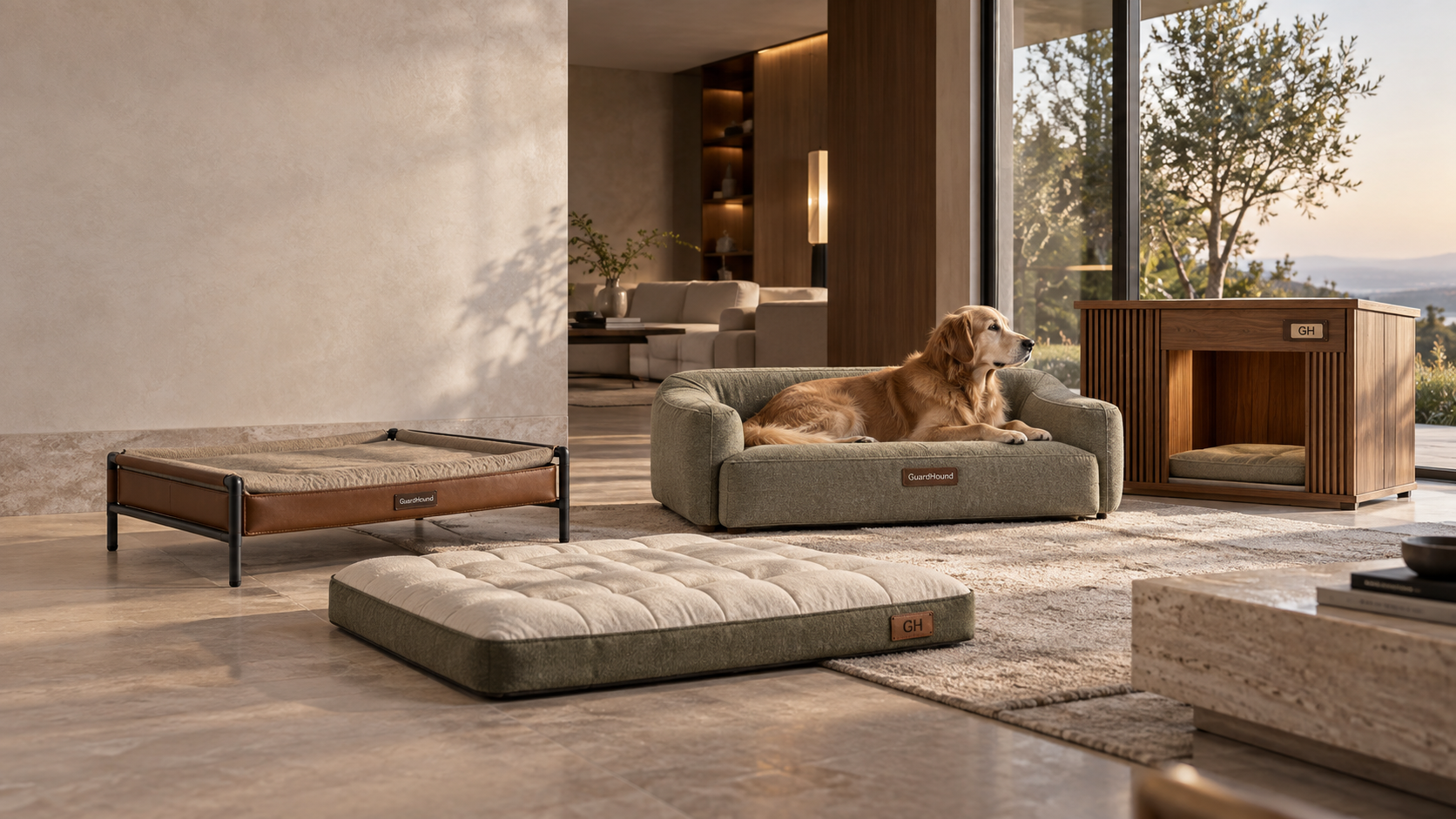 GuardHound Produktfamilie Schlafen & Wohnen · Wohnzimmer eines modernen, gehobenen Hauses: Hundebett mit Metallgestell, separate Schlafmatte aus Memory-Schaum, Hundesofabett (Golden Retriever ruht) und Hundehaus aus Holz