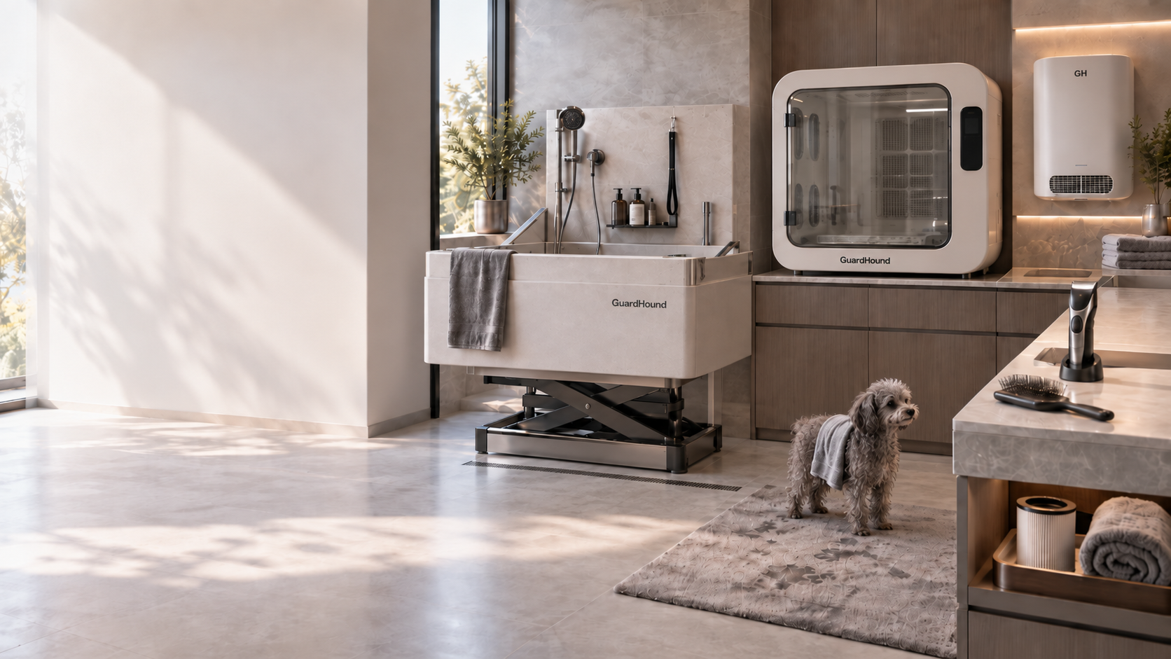 GuardHound System für smarte Reinigung & Pflege für Hunde · Wohnbereich: smarte Waschplätze und Badewannen, smarter Trocknungsschrank, wandmontierte Luftreiniger, Werkzeuge zum Schneiden und Bürsten des Fells sowie Reinigungs- und Pflegezubehör