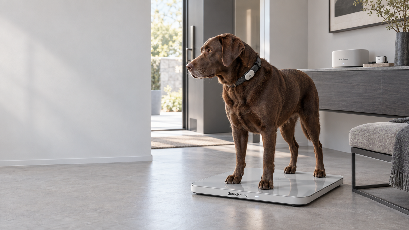 Szene smarter Gesundheit und Aktivität für Hunde von GuardHound: Eingangsbereich eines modernen Wohnhauses, ein chocolate-farbener Labrador steht selbstverständlich auf der smarten Waage mit GuardHound Logo, am Hals trägt er das GH-Aktivitätsverfolgungsmodul, auf der Seitenkommode stehen das GuardHound Health Dock für zu Hause und das GH-Synchronisationsmodul für Wearables; tägliche Gewichts- und Aktivitätsdaten werden in der häuslichen Umgebung laufend synchronisiert