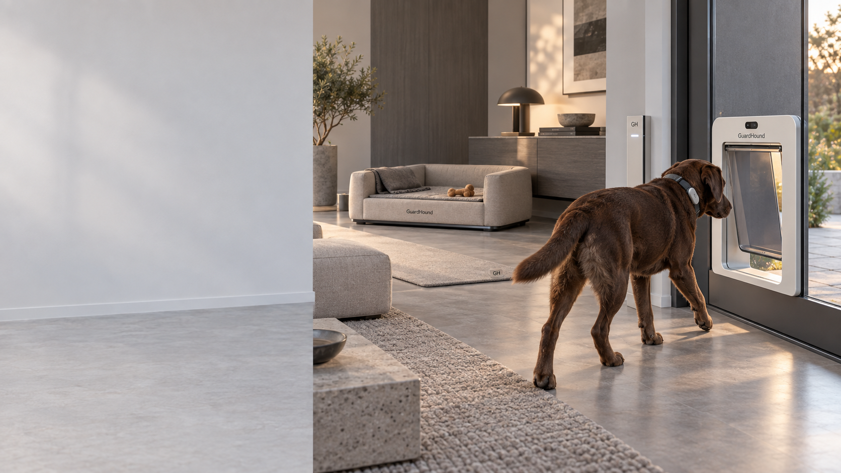 GuardHound Szene für smartes Wohnen & Zugang · modernes Wohnhaus im gehobenen Stil: Ein Hund geht vom Wohnkomfortbereich auf die smarte Haustiertür zu; temperierte und smarte Hundehütte, Komfortmatte für zu Hause und Geräte für die innenräumliche Teilbereichsberechtigung sind im selben Bild