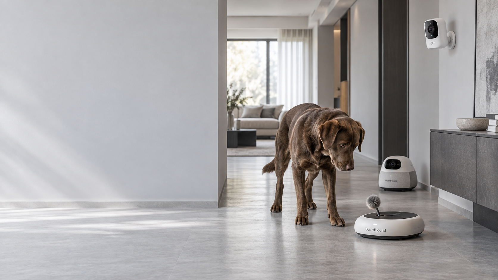 Hoch an der Wand im Eingangsbereich montierte smarte GuardHound Haustierkamera, kombiniert mit einem bodenstehenden Interaktionsgerät; ein ausgewachsener Hund läuft gerade durch den Flur