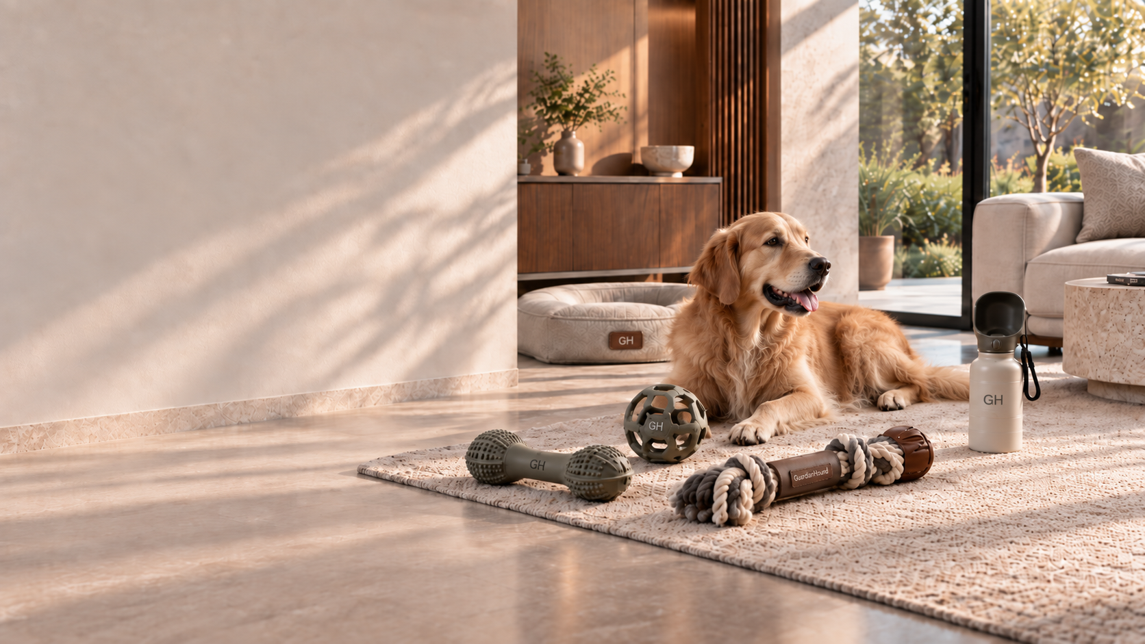 Auf dem Boden eines Wohnzimmers in einem modernen, gehobenen Haus ist die Hundespielzeug-Familie arrangiert: olivgrüner bissfester Zahnpflegeknochen, hohler Kautschuk-Zahnpflegeball, Zerrknoten aus Baumwollseil (brauner Ledergriff mit geprägtem GuardHound), geflochtene Schnüffelmatte; rechts liegt ruhig ein Golden Retriever, links eine greige Wand mit natürlichem Licht- und Schattenspiel