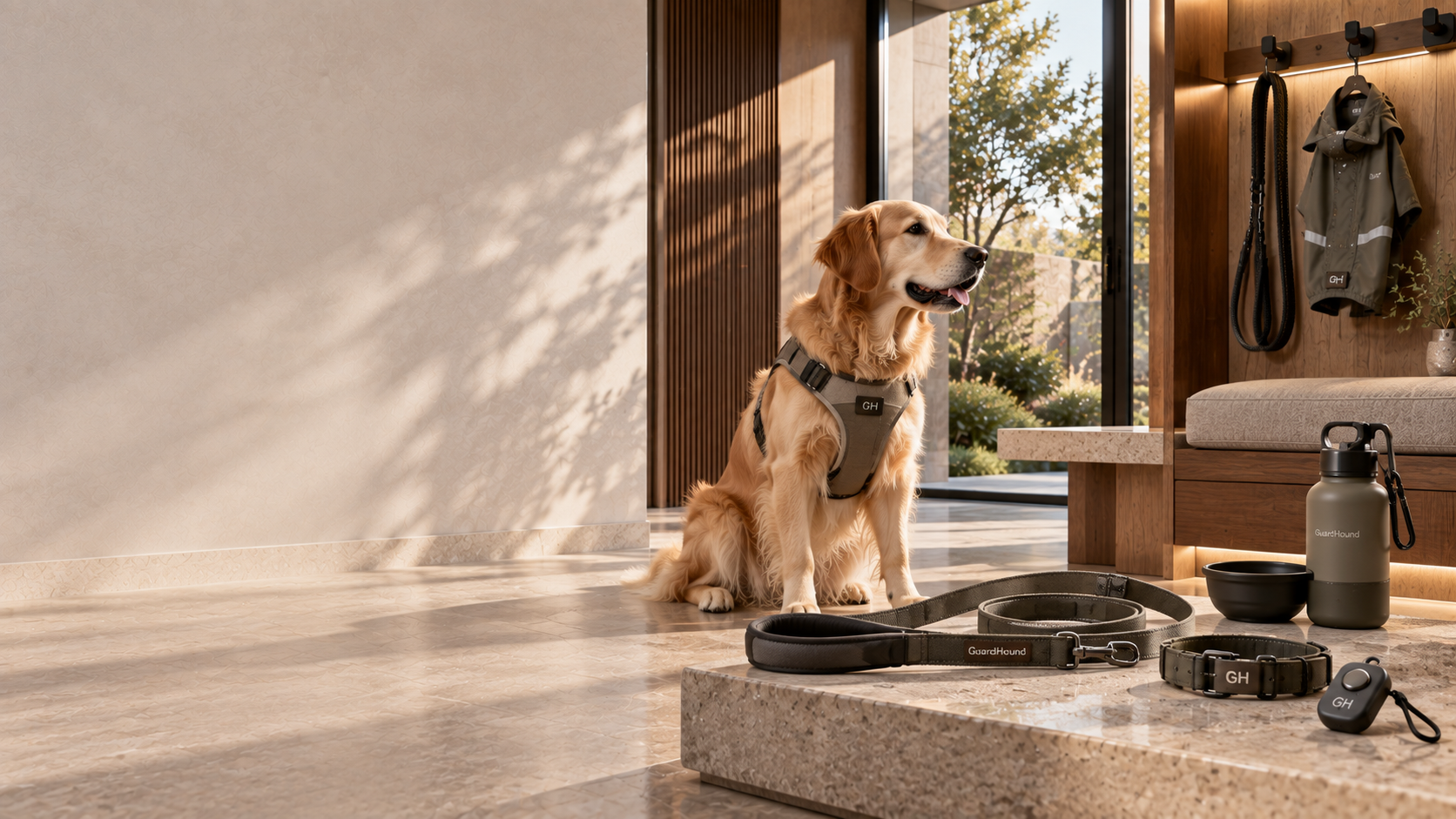 Eingangsbereich eines modernen, gehobenen Hauses: Ein Golden Retriever mit olivfarbenem GH-Geschirr sitzt neben einer Steinstufe, auf der Ablage liegen eine Lederleine von GuardHound, ein GH-Halsband, ein GH-Trainingsclicker und eine tragbare Trinkflasche für unterwegs, links eine greige warmgraue Wand im natürlichen Fensterlicht