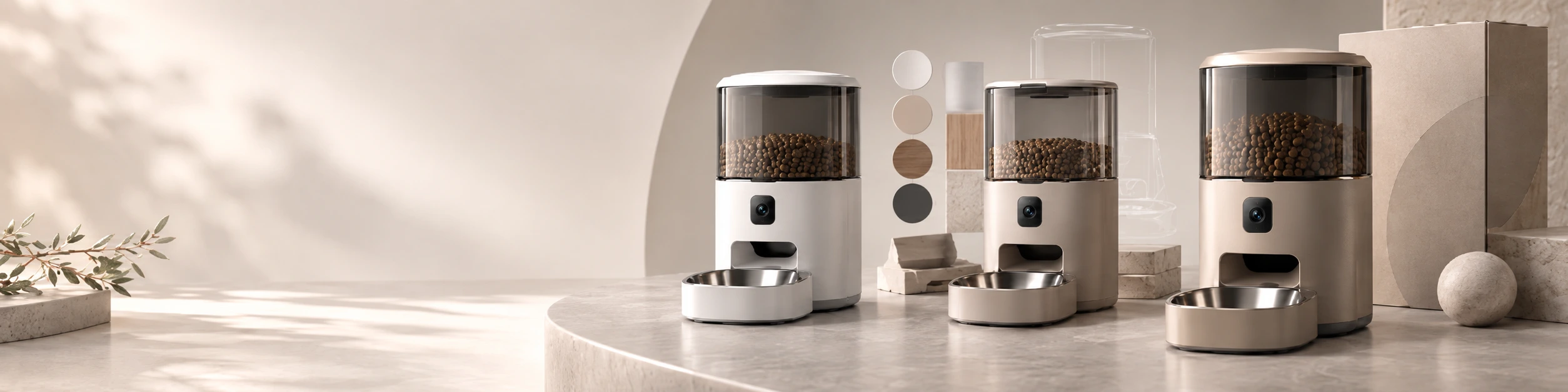 GuardHound Smart-Futterautomat, Produktentwicklung: links die Serienversion, nach rechts CMF-Material- und Farbmuster, Holz- und Travertinmuster, die Version mit Kamera sowie die finale Variante in Champagnergold mit Verpackungsmuster