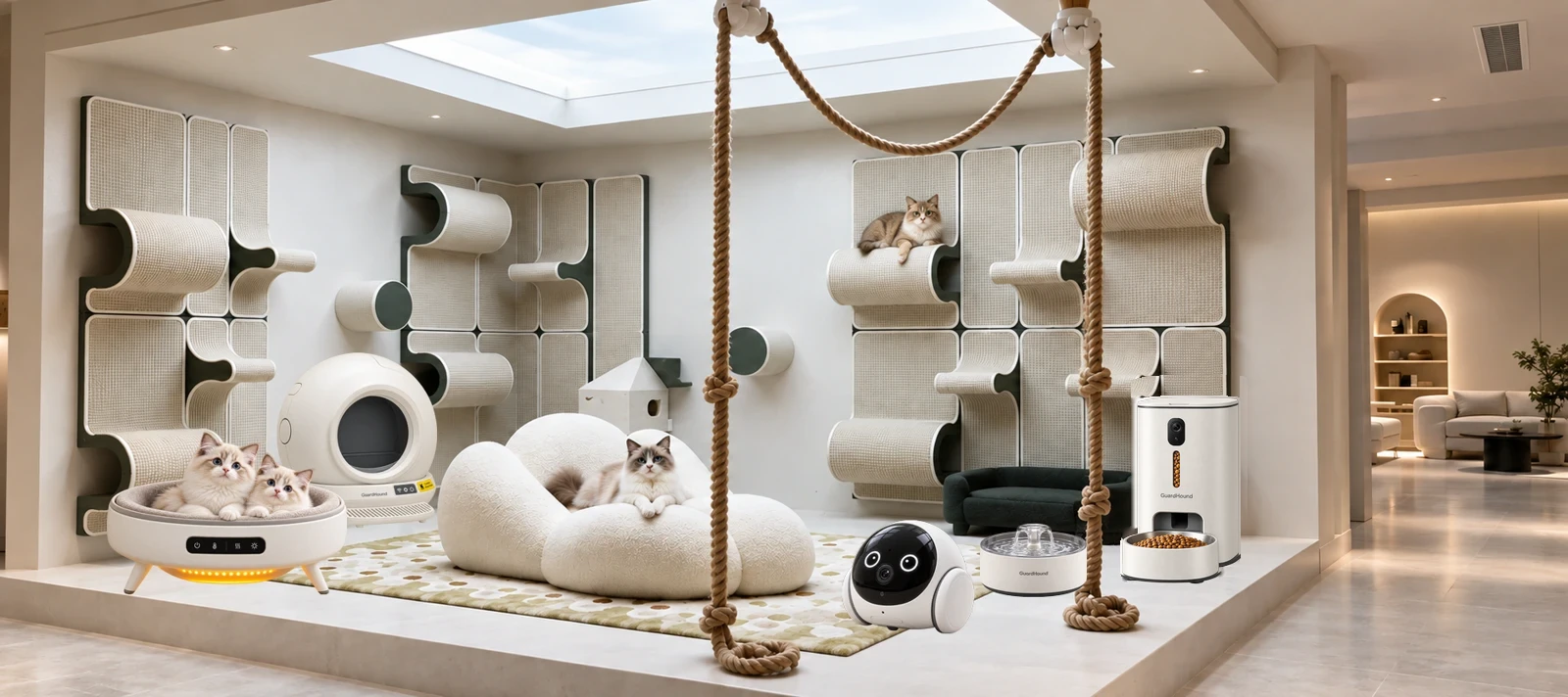 Ein Wohnraum für Katzen: modulares Kratzsystem an der Wand, wolkenförmige Katzenhöhle, Kapselhöhle, Smart-Futterautomat und Trinkbrunnen; drei Katzen oben, in der Höhle und am Trinkbrunnen
