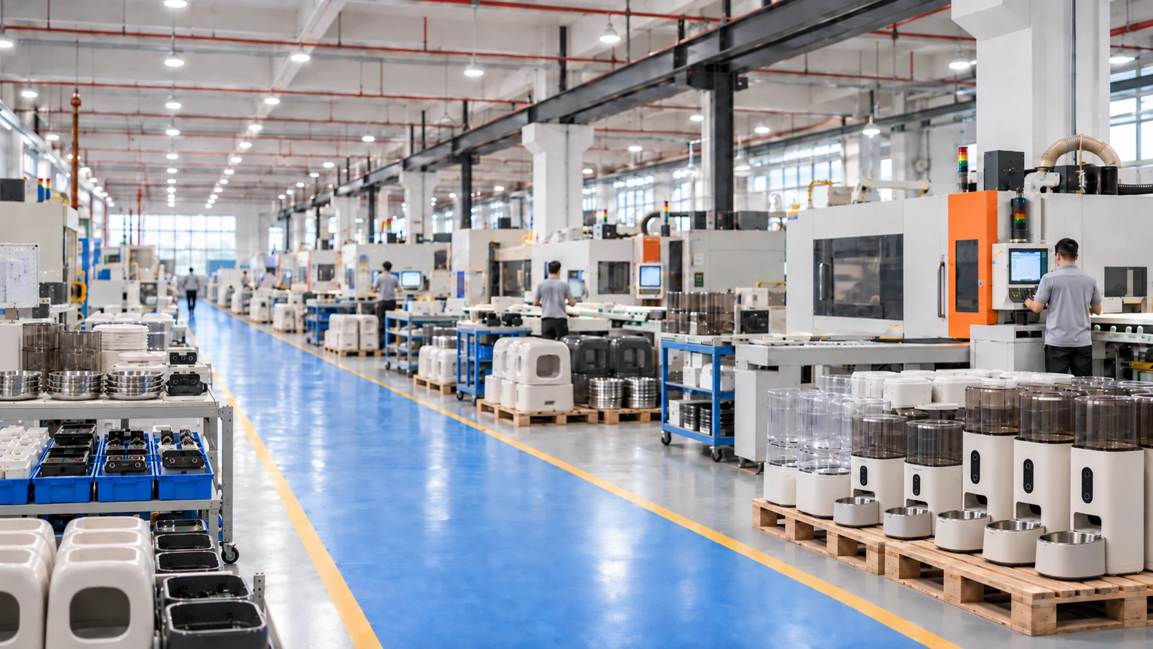 CNC-Maschinen und Werkbänke in einer Zerspanungshalle, auf Paletten Edelstahlteile und Kunststoffgehäuse