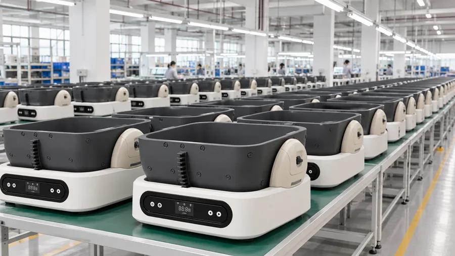 Reihe smarter Futterautomaten am Fließband, weiße Gehäuse mit schwarzen Näpfen, Paletten auf einer Aluminiumprofil-Linie